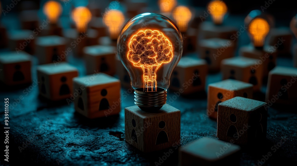 Poster the introduction of ai with the digital brain in a light bulb for ai against a person and innovation