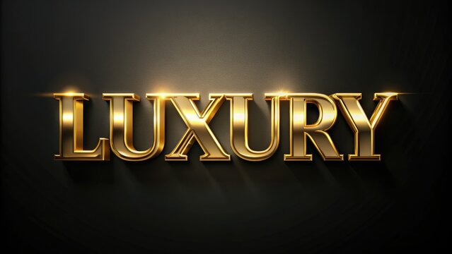 Elegant 3D gold font letters "LUXURY"embossed on a black background, shining bright with subtle gradient effects, conveying opulence and sophistication.