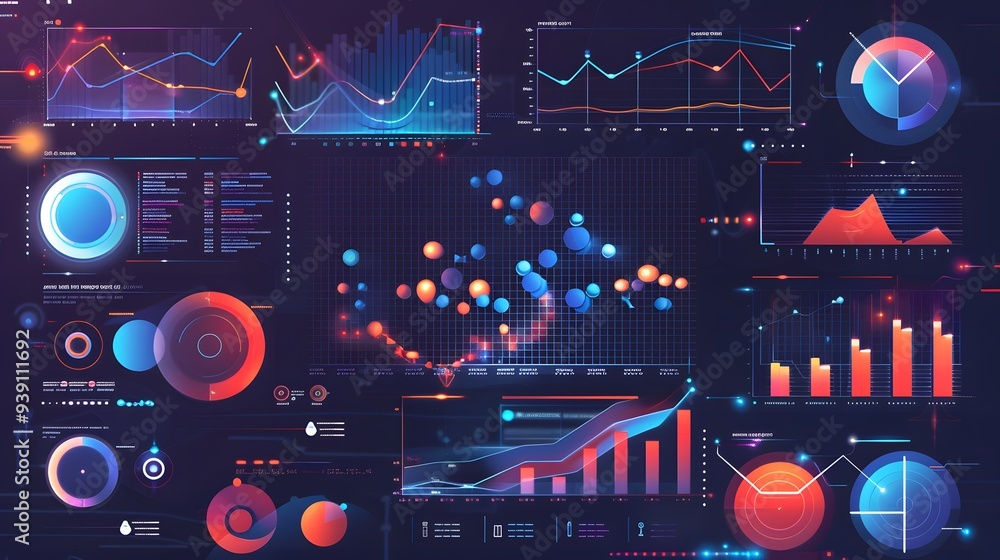 Poster statistical infographics using charts, graphs, and visualized numbers to represent complex data poin