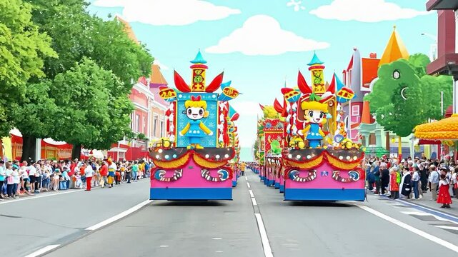 Colorful parade floats travel through a lively street filled with excited spectators in a vibrant town setting