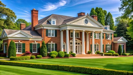 Elegant brick country club building with stately columns, manicured lawn, and lush greenery, exuding refinement and sophistication in a serene natural setting.