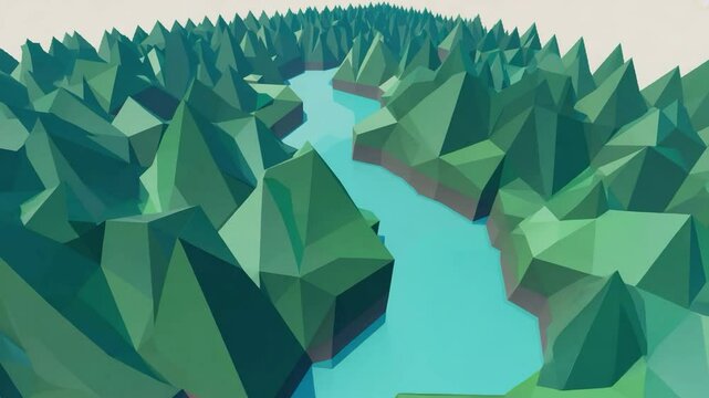 Exploring a vibrant low-poly forest landscape with a winding river under a clear sky