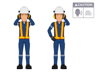Two industrial workers are closing his ears on white background