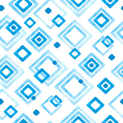 Geometric pattern with blue watercolor rhombuses. Vector seamless background