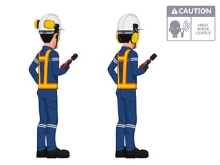 Two industrial workers are  measuring sound level  on white background