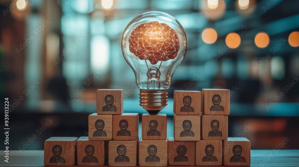 Poster the introduction of ai with the digital brain in a light bulb for ai against a person and innovation
