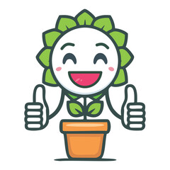 Happy plant character giving thumbs up. A cheerful plant character with a big smile gives thumbs up, symbolizing growth, positivity, and success. Perfect for ecological or gardening themes.
