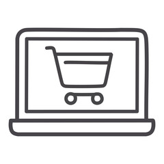 Online shopping laptop icon. Simple line art icon depicting a laptop computer with a shopping cart symbol on the screen. Ideal for digital marketing, e-commerce, and online retail.