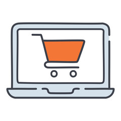Online shopping cart icon on laptop. Simple illustration of a laptop computer with a shopping cart icon on the screen, representing online purchasing and e-commerce.