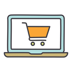 Online shopping cart icon on laptop. A colorful icon of a shopping cart on a laptop screen. The icon symbolizes online purchasing and e-commerce.