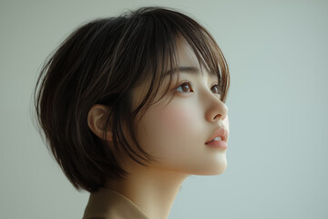 profile of young japanese woman with short hair in soft lighting