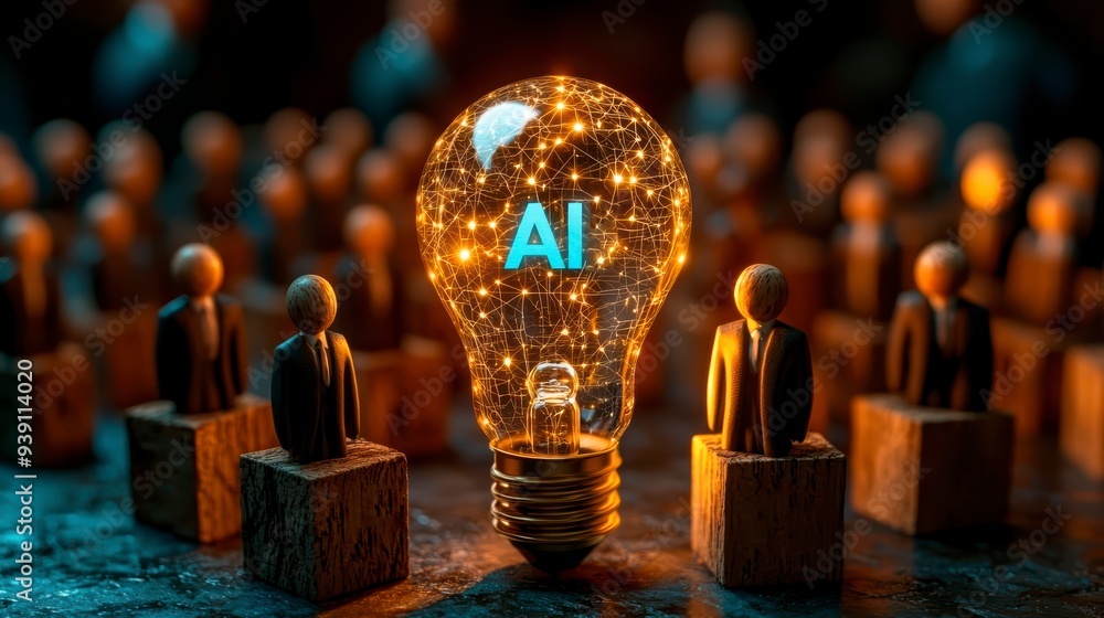 Poster the introduction of ai with the digital brain in a light bulb for ai against a person and innovation