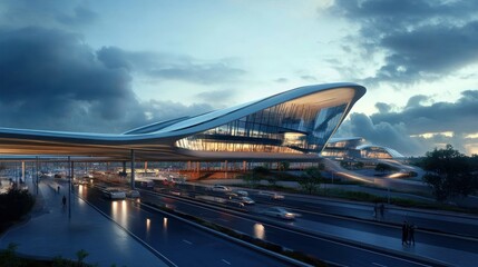 Modern Architectural Design of a Futuristic Building at Dusk