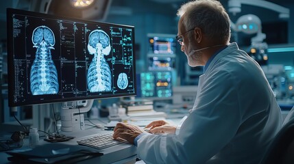 An orthopedist analyzing real-time data on a digital monitor during a complex spinal fusion procedure, showcasing modern surgical technology