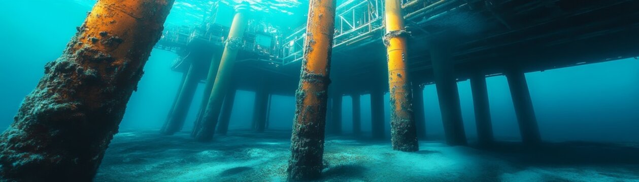 Beneath the Waves - Detailed Perspective of Offshore Oil Rig's Support Structure in 8K Cinematic Resolution