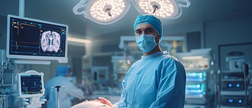 An orthopedist using advanced robotic technology to perform a precise hip arthroscopy in a state-of-the-art operating room