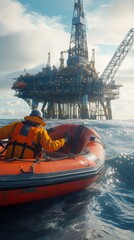 Fototapeta premium Team of Workers in Lifeboat Conducting Safety Drill by Oil Platform at Sea in Cinematic 8K Quality