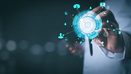 Medical worker using stethoscope on virtua medical AI technology services concept.Doctor hold virtual medical revolution and advance of technology Artificial Intelligence technology for future Health