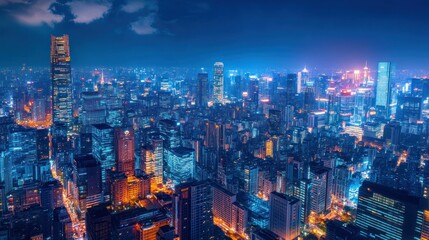 Obraz premium Nighttime Aerial View of a Densely Populated City with Illuminated Skyscrapers
