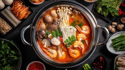 Detailed shot of Tom Yum Goong in a metal hot pot with shrimp, mushrooms, and spicy broth, surrounded by Thai condiments