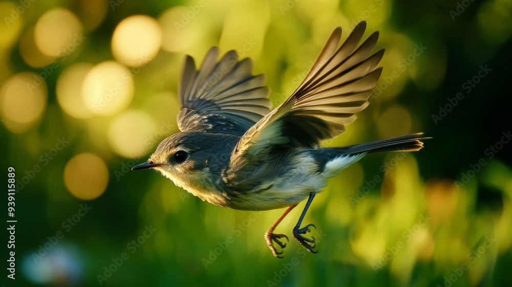 Poster Detailed view of a bird hovering close to the ground, with its wings flapping and background blurred