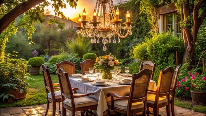Obraz premium Polished wood chairs and ornate chandelier surround a crisp white tablecloth, delicate china, and lush greenery, blending rustic and refined in a dreamlike atmosphere.