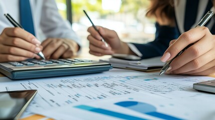 Closeup of two businesspeople calculating a financial statement at a desk