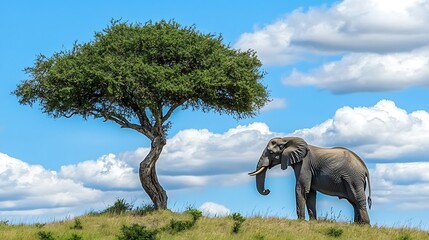 Fototapeta premium A large gray elephant stands on a grassy hill next to a leafy tree under a partly cloudy blue sky.