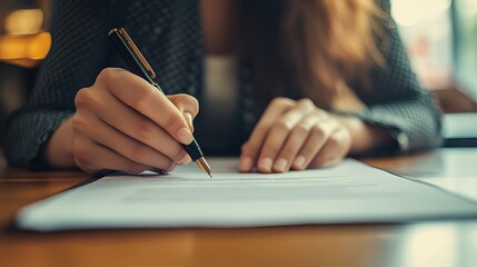Female hands signing business documents on a wooden table Focus on signing contracts loans or work agreements in an office setting representing the role of an accountant or bank