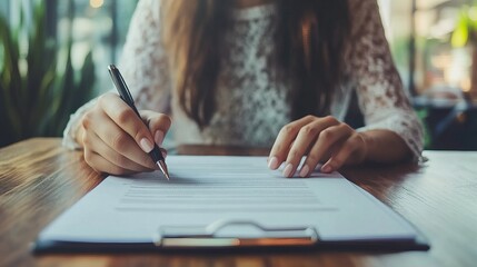 Female hands signing business documents on a wooden table Focus on signing contracts loans or work agreements in an office setting representing the role of an accountant or bank