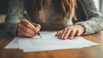 Female hands signing business documents on a wooden table Focus on signing contracts loans or work agreements in an office setting representing the role of an accountant or bank