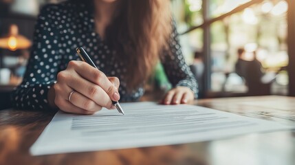 Female hands signing business documents on a wooden table Focus on signing contracts loans or work agreements in an office setting representing the role of an accountant or bank