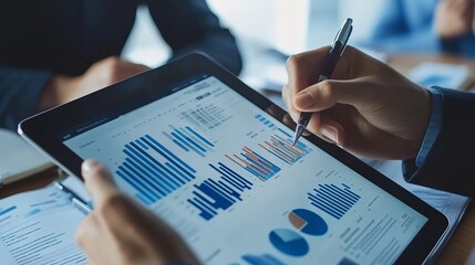 Financial analysts reviewing business financial reports on a digital tablet while planning an investment project during a corporate meeting showcasing successful teamwork results