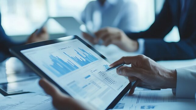 Financial analysts reviewing business financial reports on a digital tablet while planning an investment project during a corporate meeting showcasing successful teamwork results