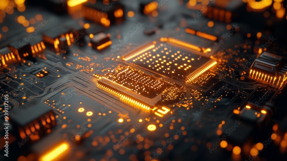 Poster detailed view of a circuit board with visible electrical wave patterns and glowing components
