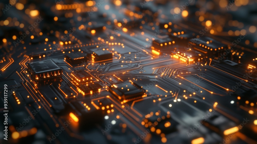 Fototapete Detailed view of a circuit board with visible electrical wave patterns and glowing components