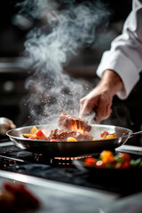 Image created with AI. Chef Searing Meat with Vegetables in a Pan