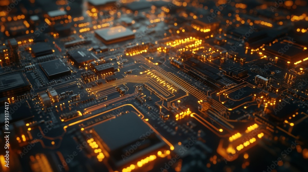 Poster detailed view of a circuit board with visible electrical wave patterns and glowing components