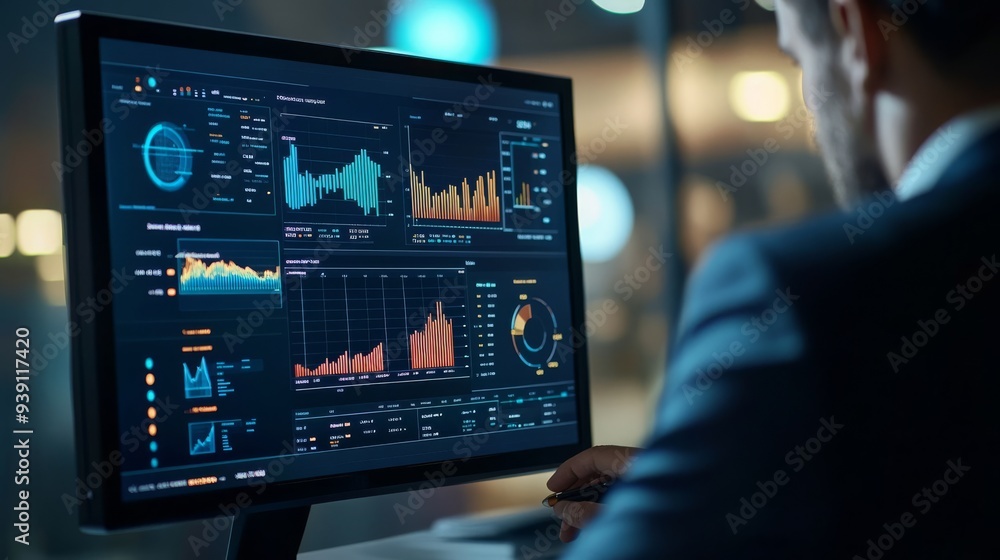 Wall mural A professional analyzes a comprehensive data dashboard on a computer, displaying colorful charts and graphs in an office setting, indicating key metrics and trends