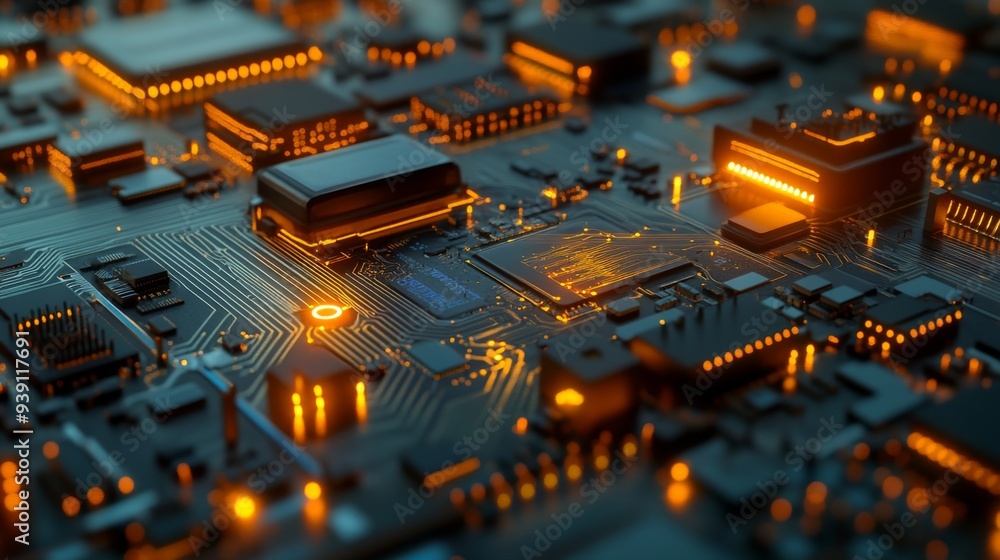 Fototapete detailed view of a circuit board with visible electrical wave patterns and glowing components