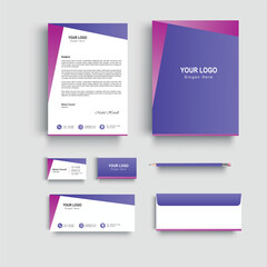 corporate modern stationery set design template in pink purple color. letterhead envelope , business card ,file folder with bleed .stationary set vector design letterhead, visiting card, envelop