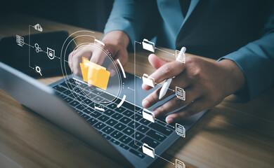 Document Management System (DMS), Businessman using digital documents to search, store, archive and...