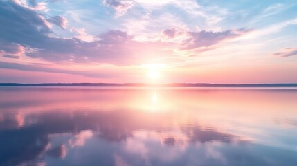 Fototapeta premium Tranquil Sunset Over a Serene Lake: Soft Pastel-Colored Skies and Reflections on the Water