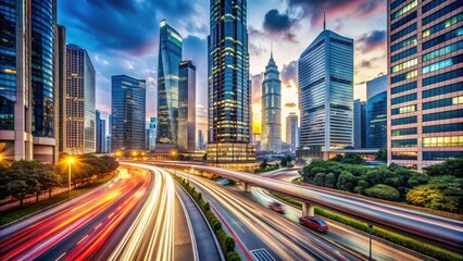 Obraz premium Fast-paced urban landscape with sleek skyscrapers, bustling streets, and blurred motion, capturing the frenetic energy of rapid transformation and modernization.