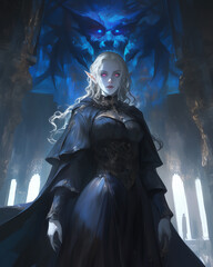 elven sorceress with glowing pink eyes standing before a menacing shadowy creature her aura of magic illuminating the darkened hall