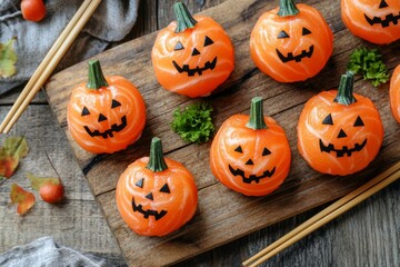 Hilarious Halloween sushi pumpkins and monsters with temari sushi balls. Healthy meal.