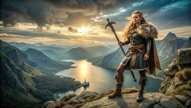 Fierce female Viking warrior stands proudly on a rocky cliff overlooking a vast fjord, wearing traditional armor and grasping a mighty battle-axe.