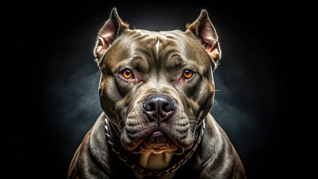 Fierce pit bull's intense gaze pierces through the darkness, its muscular build and sharp teeth illuminated by a faint, ominous glow.