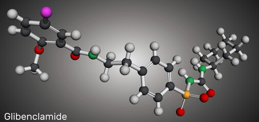 Glibenclamide, glyburide molecule. Sulfonylurea used in the treatment of non insulin dependent diabetes mellitus. Molecular model. 3D rendering