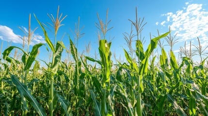 Obraz premium Detailed view of a cornfield with tall stalks and ripe corn ears, under a bright blue sky